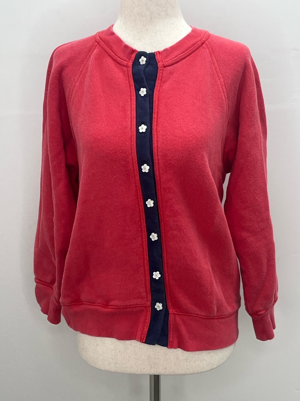 Free People Women's Coral Red Navy Floral Button Pullover Sweatshirt Top Small